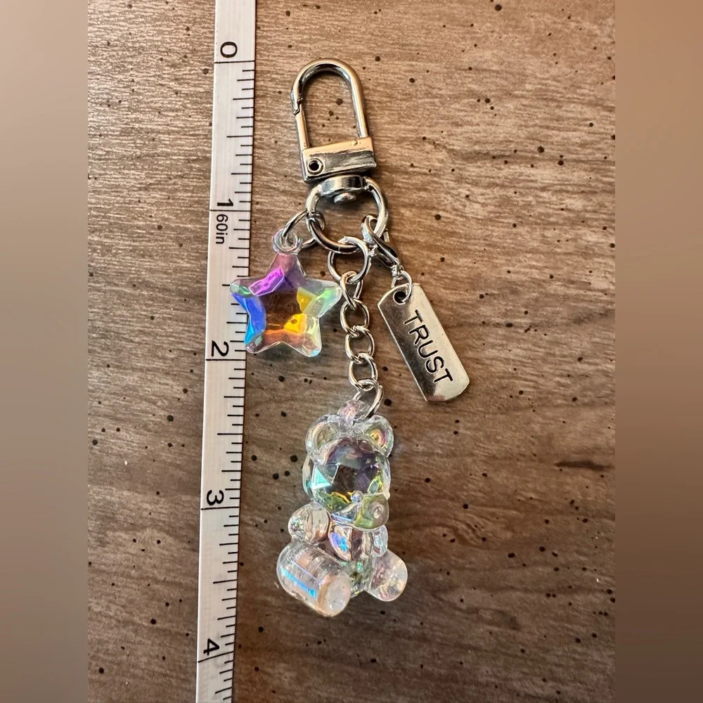 Iridescent Bear Keychain with Star and Trust Charm